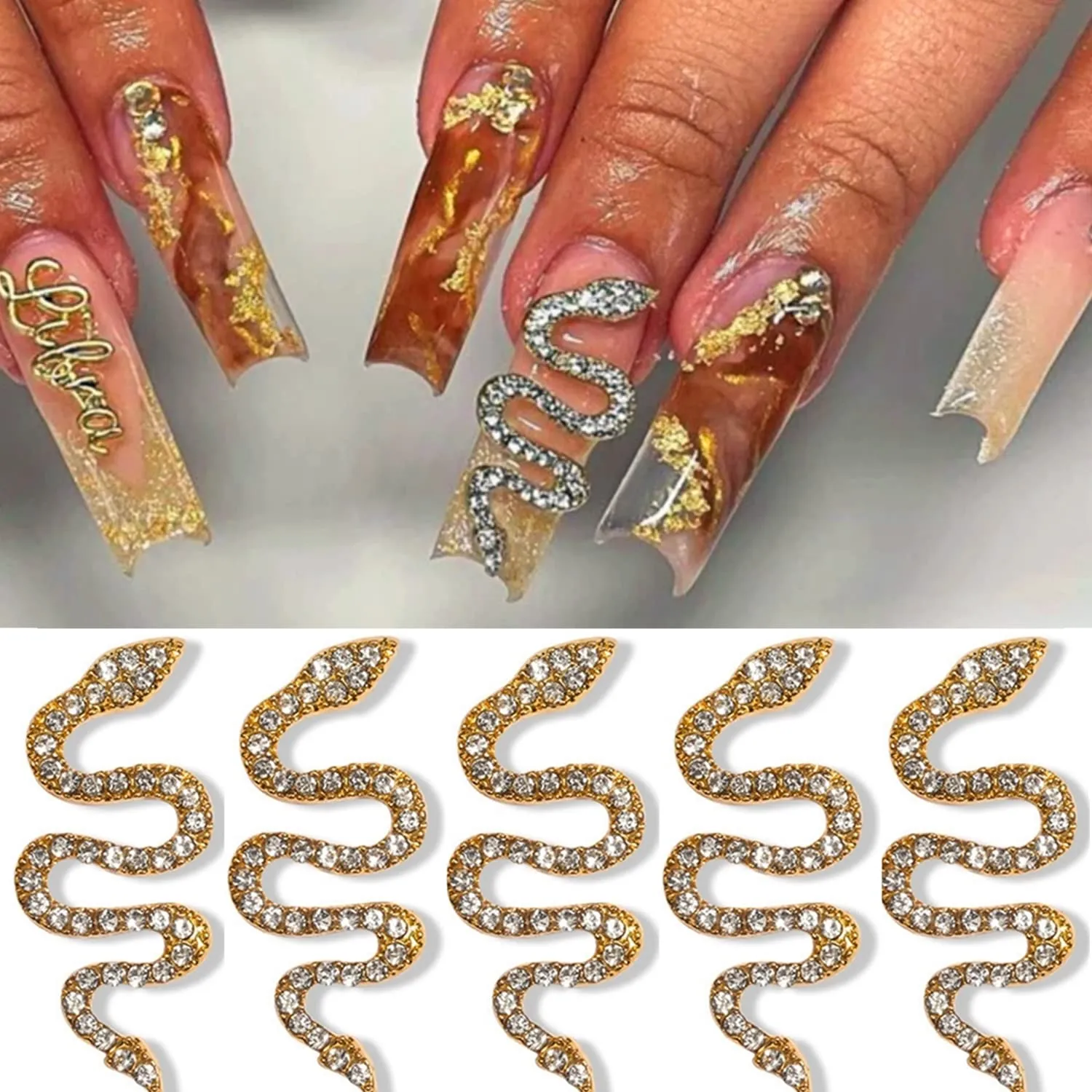 3D Snake-Shape Nail Art Charms with Rhinestones,Zircon Gold & Sliver Metal and Diamond Gems Snake Wave Nail Studs Decorations for DIY Crafts Nail Art Decorations (Sliver)