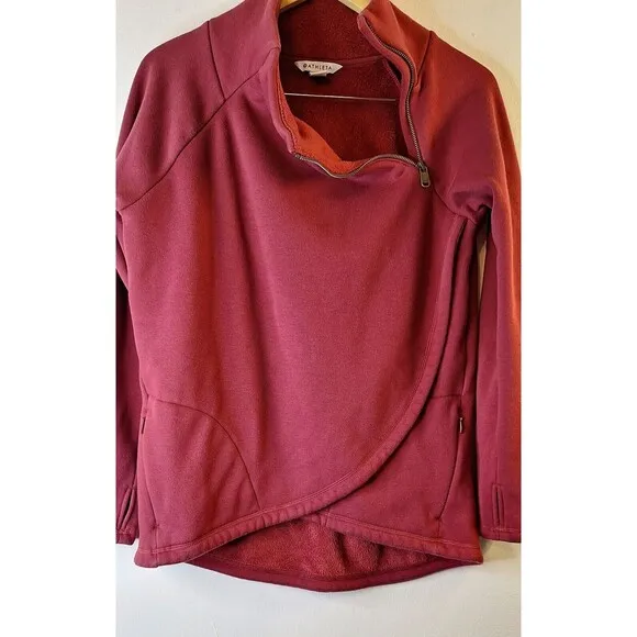 ATHLETA COZY KARMA Asym Pullover Women's M Burgundy Fleece Lined Wrap Hem Zip