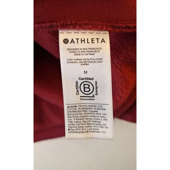 ATHLETA COZY KARMA Asym Pullover Women's M Burgundy Fleece Lined Wrap Hem Zip