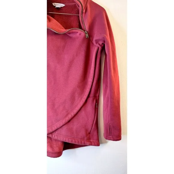 ATHLETA COZY KARMA Asym Pullover Women's M Burgundy Fleece Lined Wrap Hem Zip