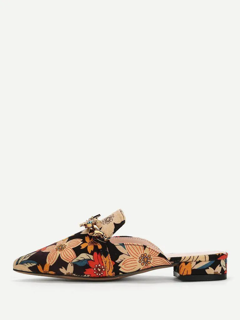 Bee Detail Calico Print Pointed Toe Flats