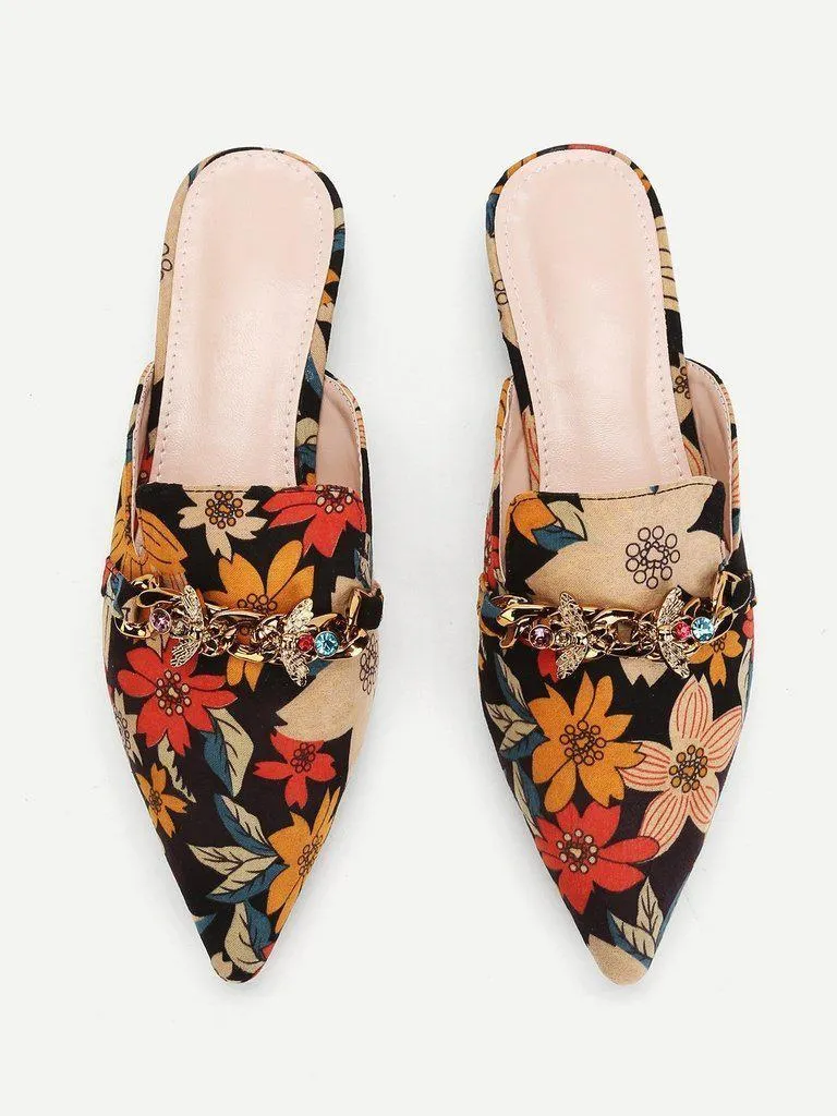 Bee Detail Calico Print Pointed Toe Flats