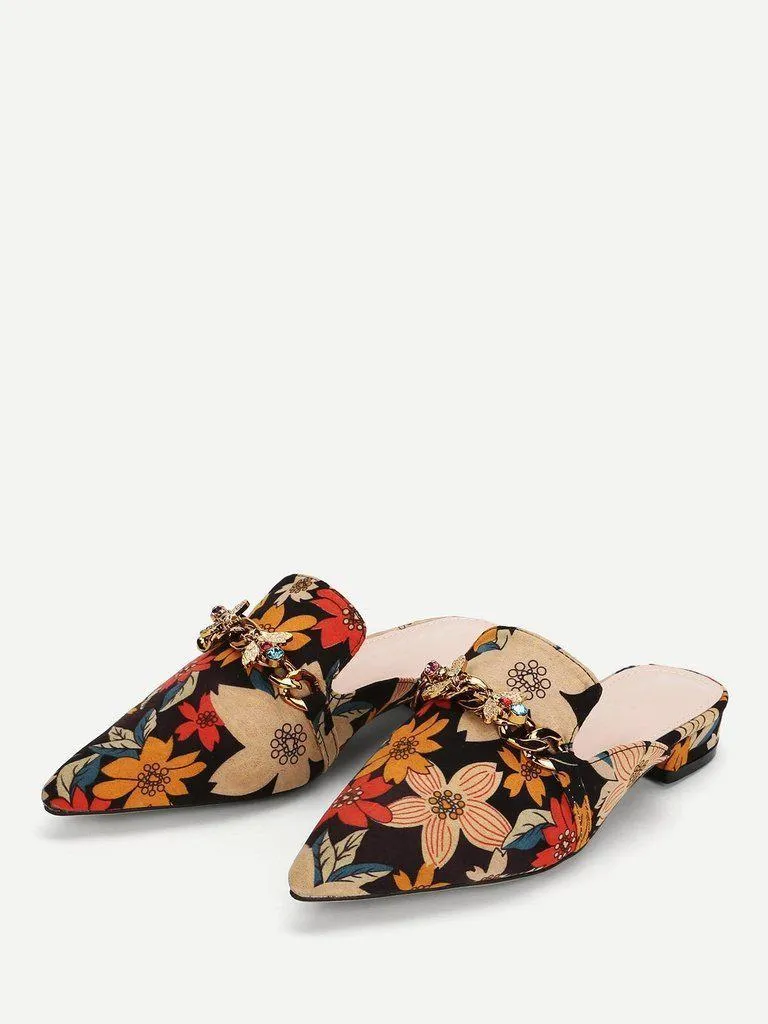Bee Detail Calico Print Pointed Toe Flats