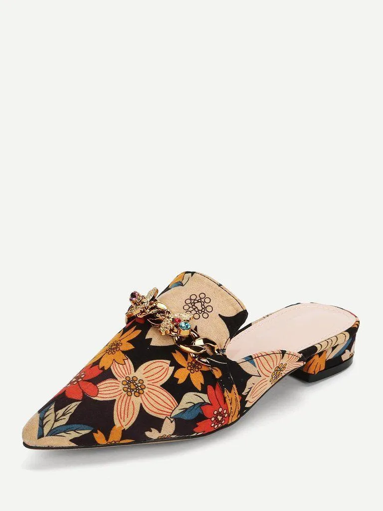 Bee Detail Calico Print Pointed Toe Flats