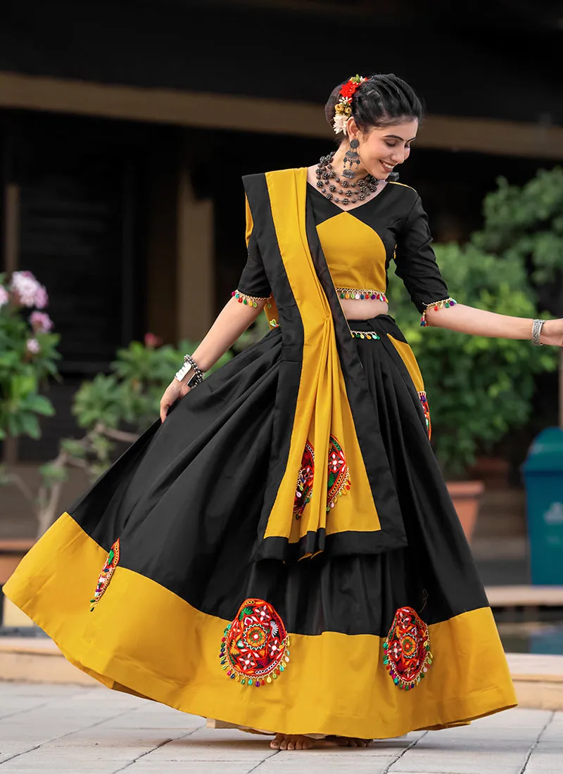 Black And Yellow Kutchi Embroidered Navratri Chaniya Choli