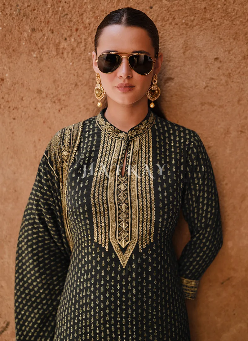Black Golden Embroidered Gharara Suit
