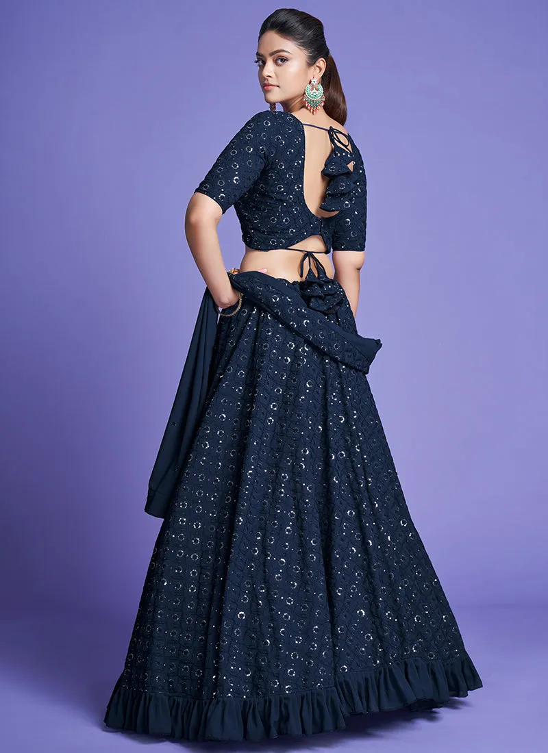 Dark Blue Sequence Embroidery Wedding Lehenga Choli