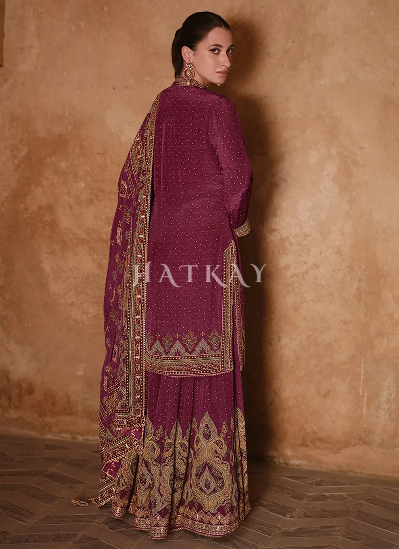 Deep Purple Golden Embroidered Gharara Suit