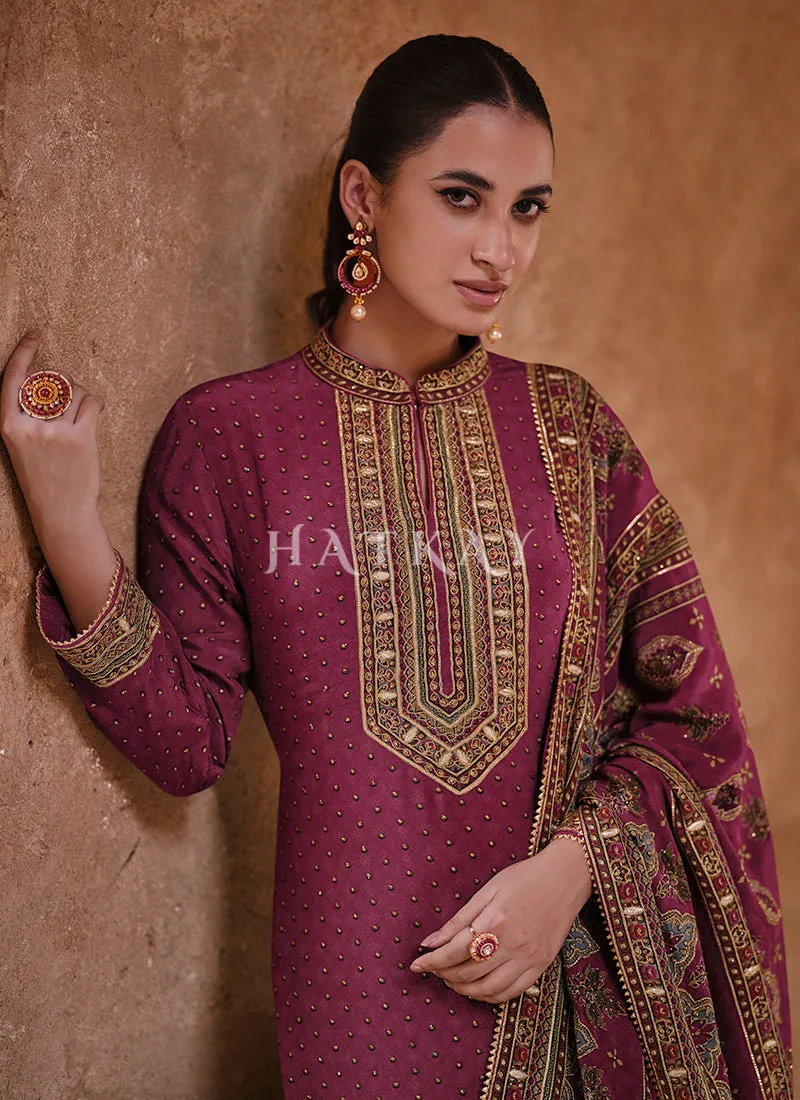 Deep Purple Golden Embroidered Gharara Suit
