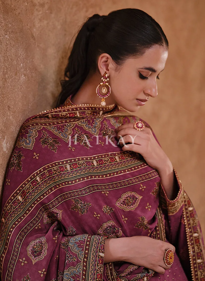 Deep Purple Golden Embroidered Gharara Suit