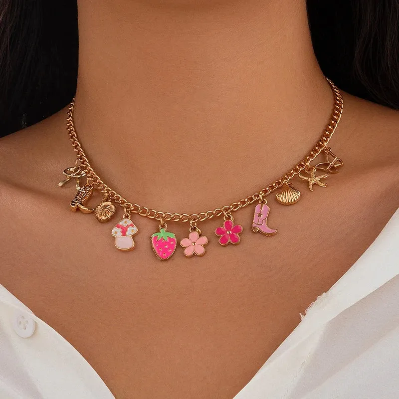 Flower Strawberry Bowknot Starfish Enamel Clavicle Chain Necklace