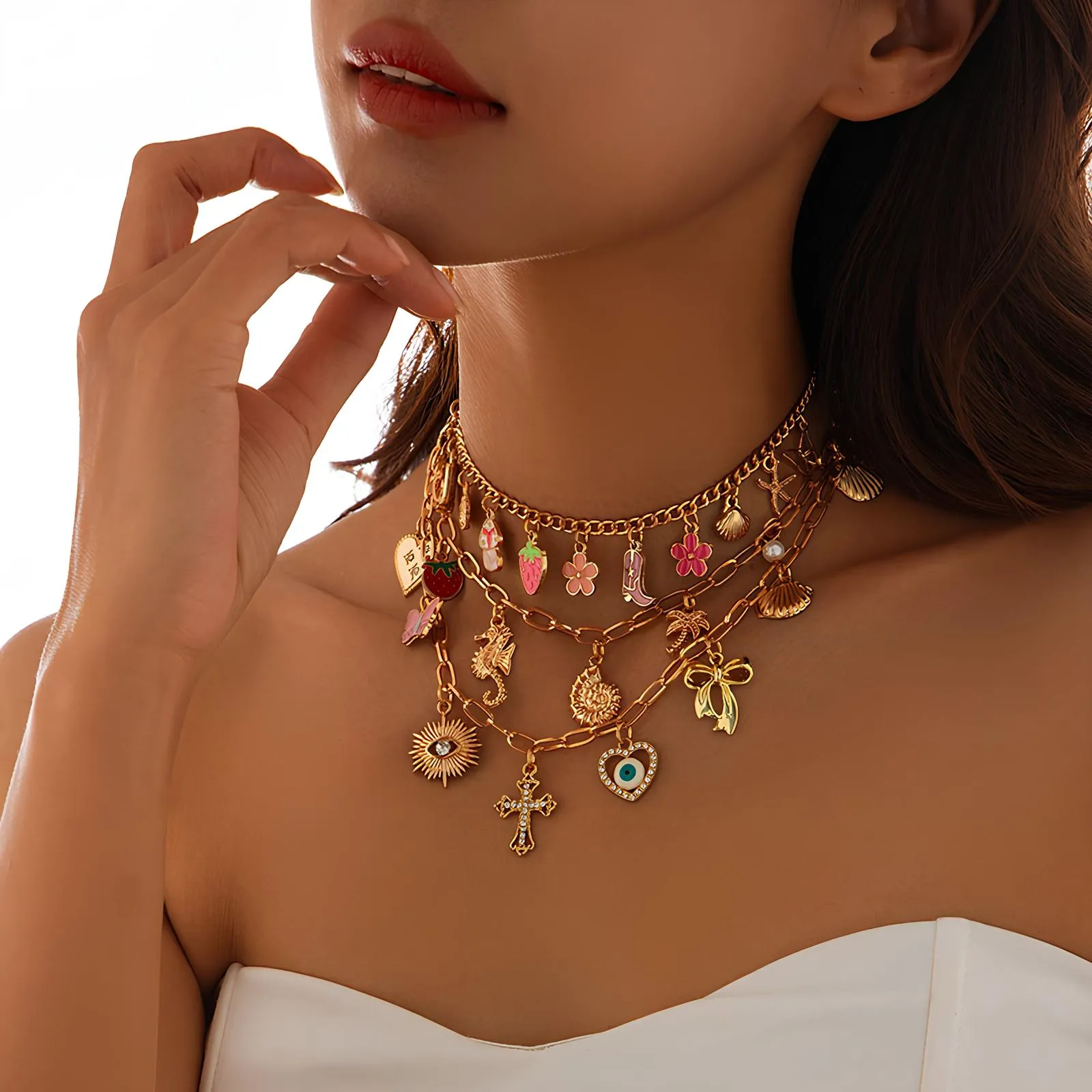 Flower Strawberry Bowknot Starfish Enamel Clavicle Chain Necklace