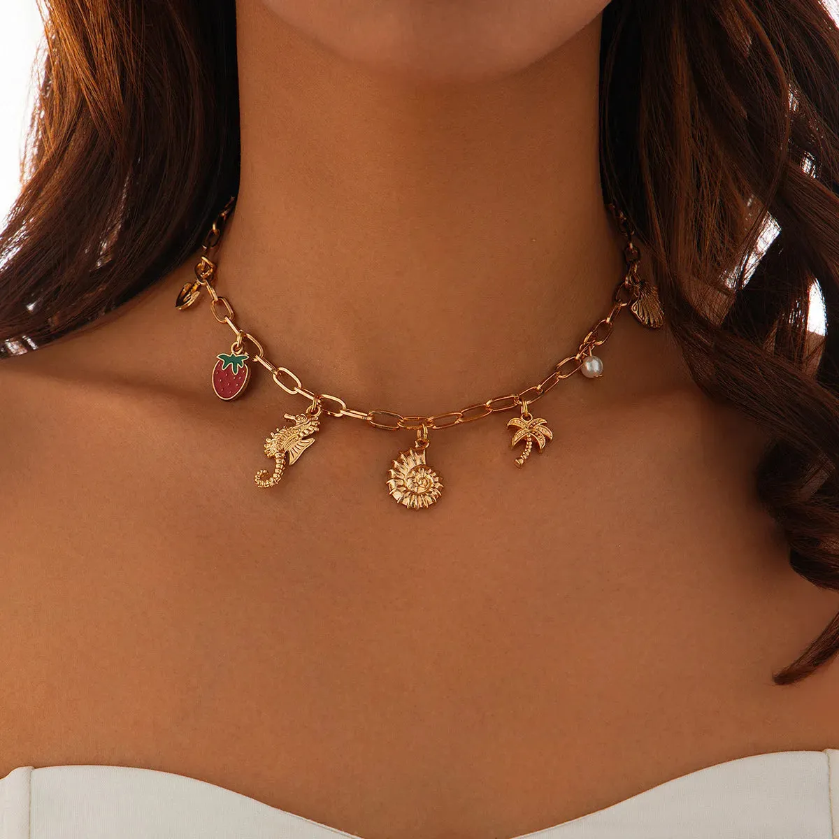 Flower Strawberry Bowknot Starfish Enamel Clavicle Chain Necklace