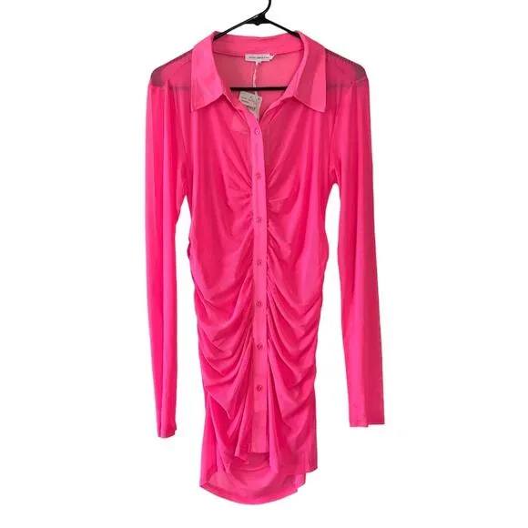 Good American Knockout Pink Sheer Ruched Long Sleeve Mini Dress Size 2 / Medium