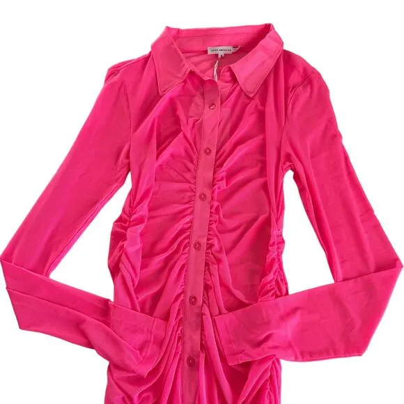 Good American Knockout Pink Sheer Ruched Long Sleeve Mini Dress Size 2 / Medium