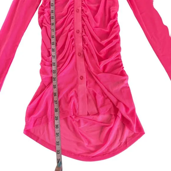 Good American Knockout Pink Sheer Ruched Long Sleeve Mini Dress Size 2 / Medium