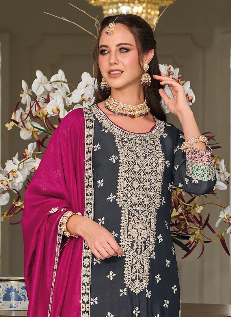 Grey And Pink Multi Embroidery Traditional Salwar Suit