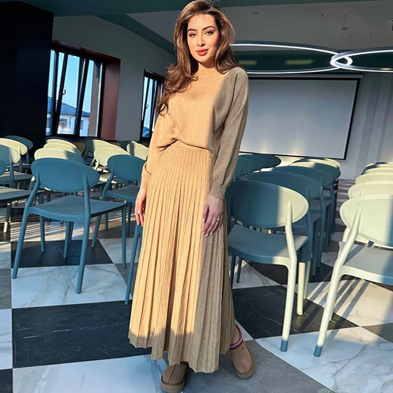 🔥HOT SALE 50% OFF🔥Topp med rund hals för kvinnor ＆ Plisserad kjol 2-delat set
