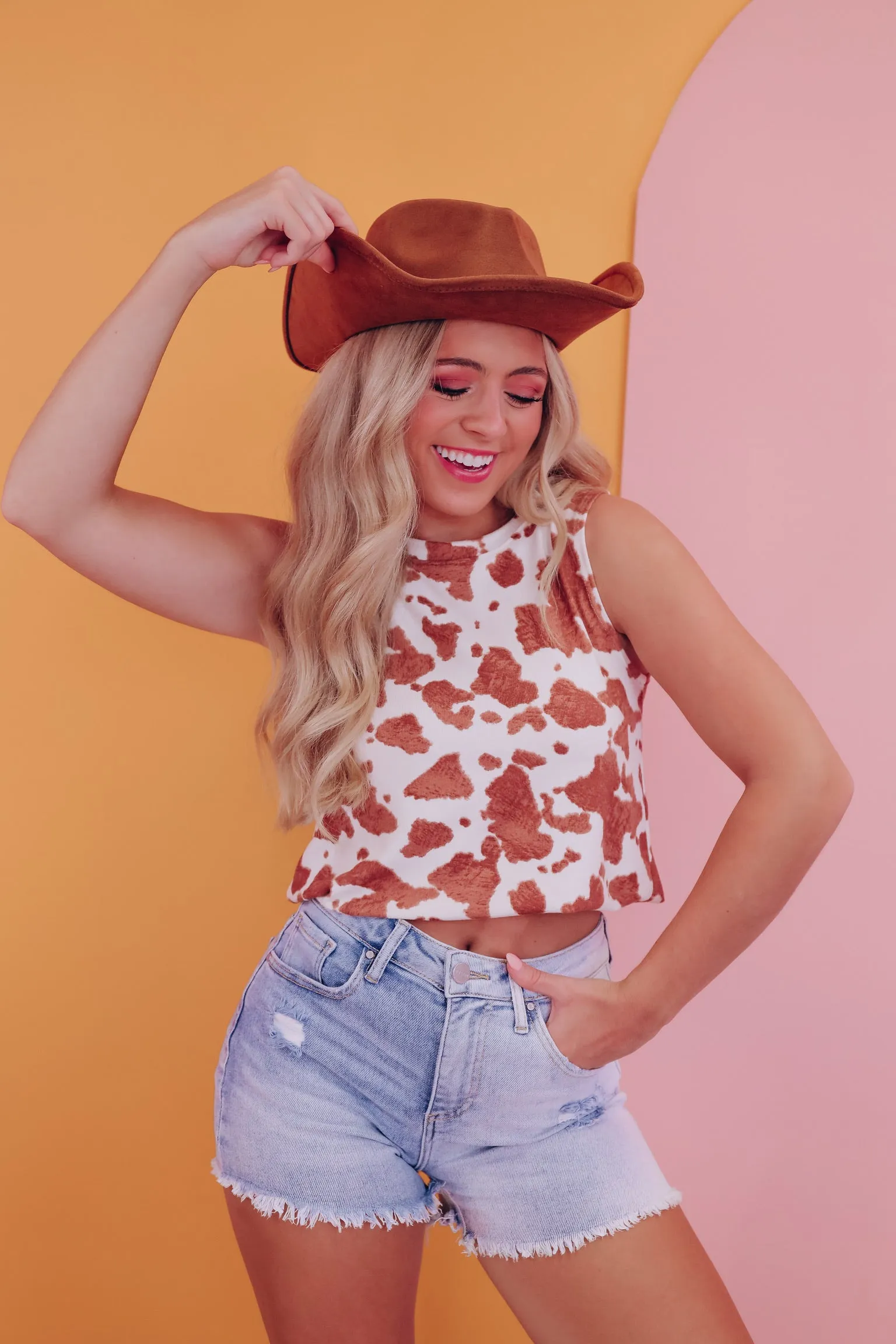 Jersey Cow Print Tank - Brown