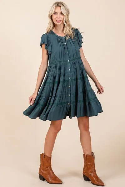 Lace Detail Ruffled Button Down Tiered Dress