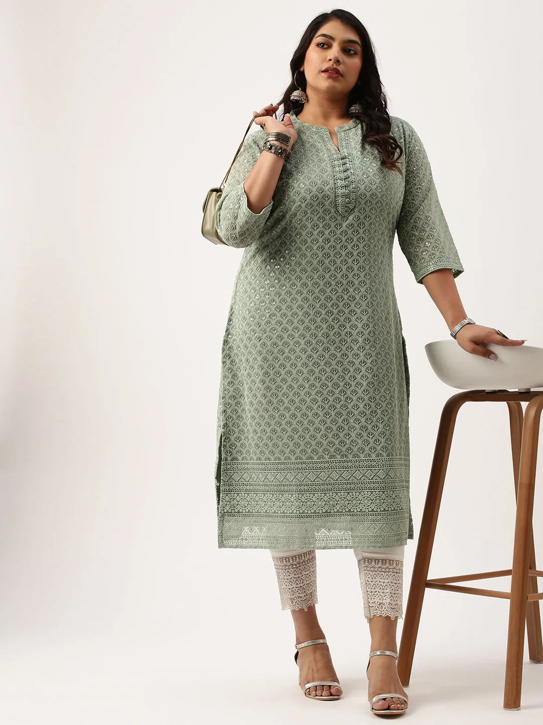 Mehandi Georgette Mandarin Collar Neck 3/4th Sleeves Chikankari Embroidery Ethnic Wear Kurta for Women - ZOLA