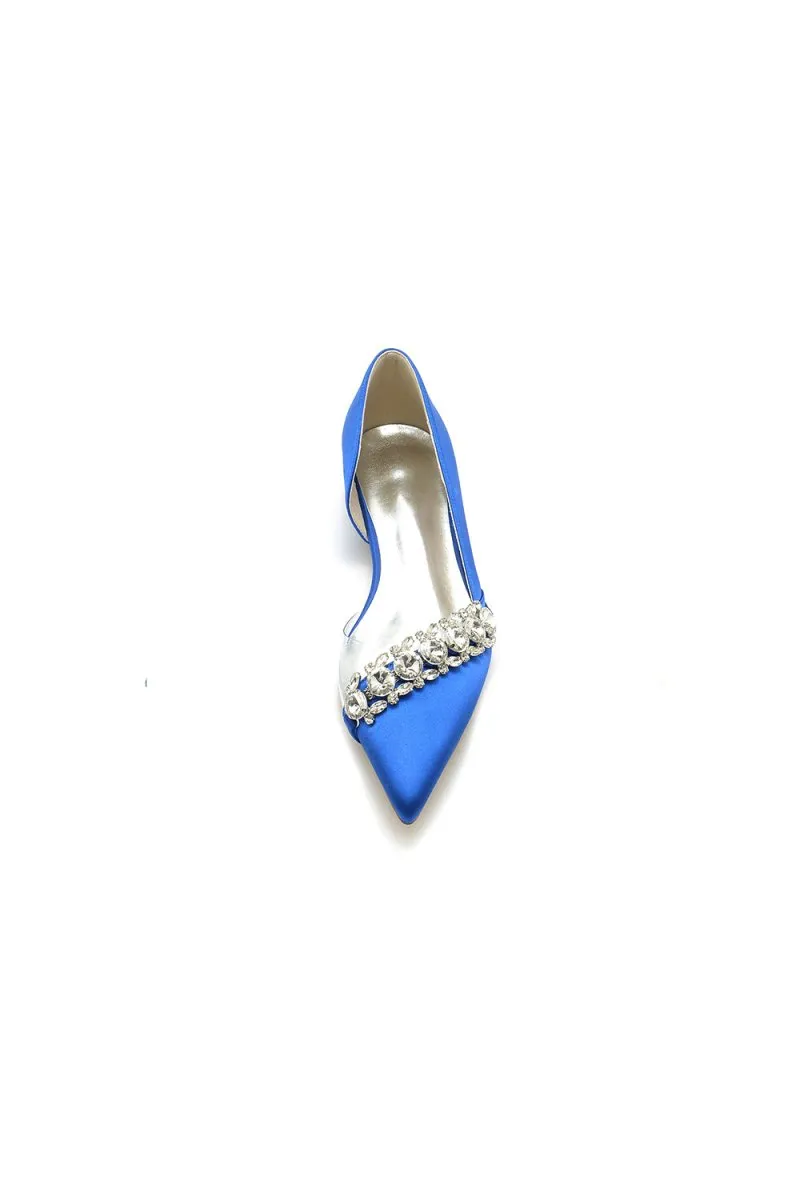 Pointed Toe Slip-on Satin Low Heels With Rhinestone