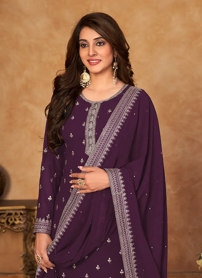 Purple Embroidery Traditional Palazzo Suit