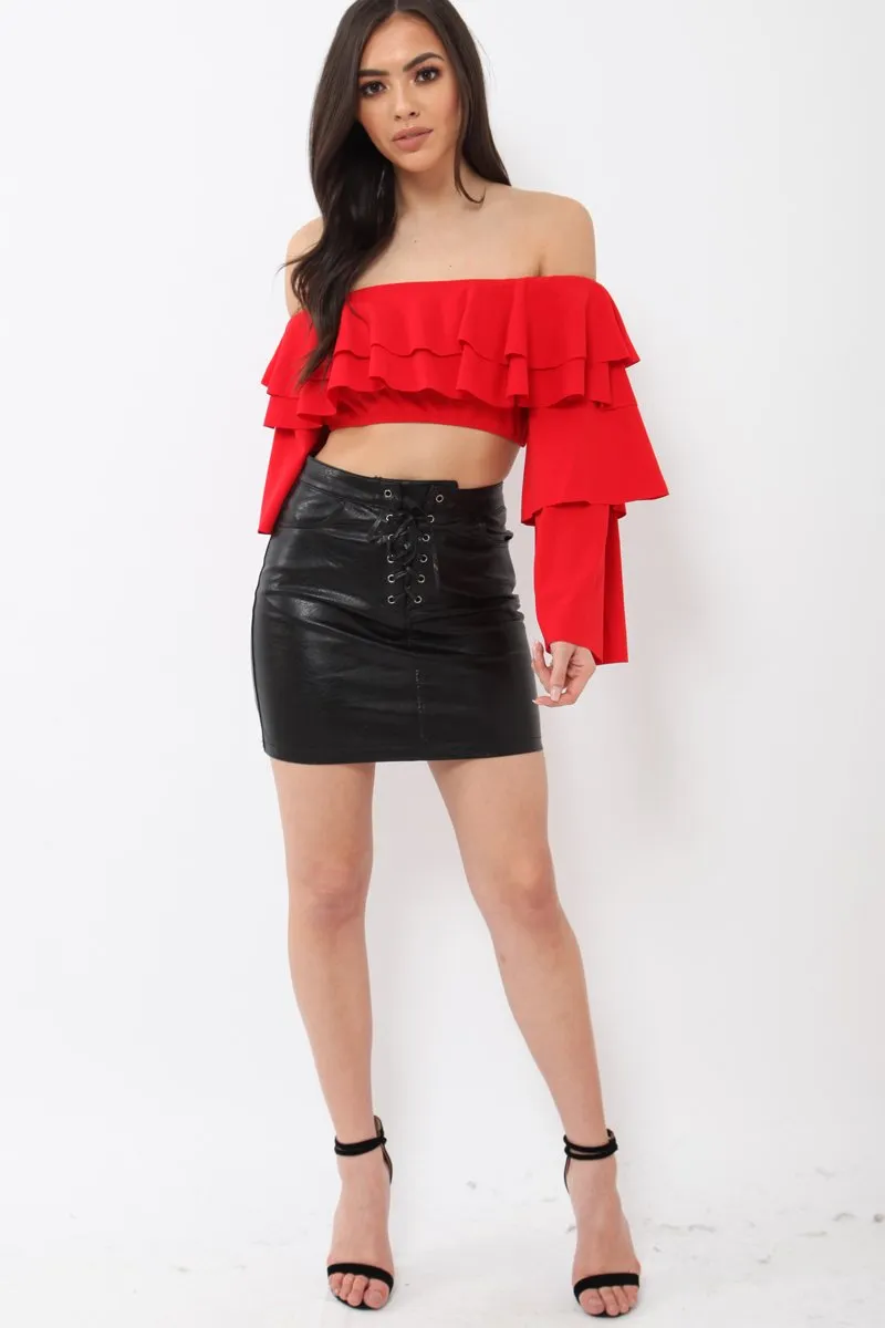 Red extreme Layered Frill Bardot Crop Top - Nevaeh