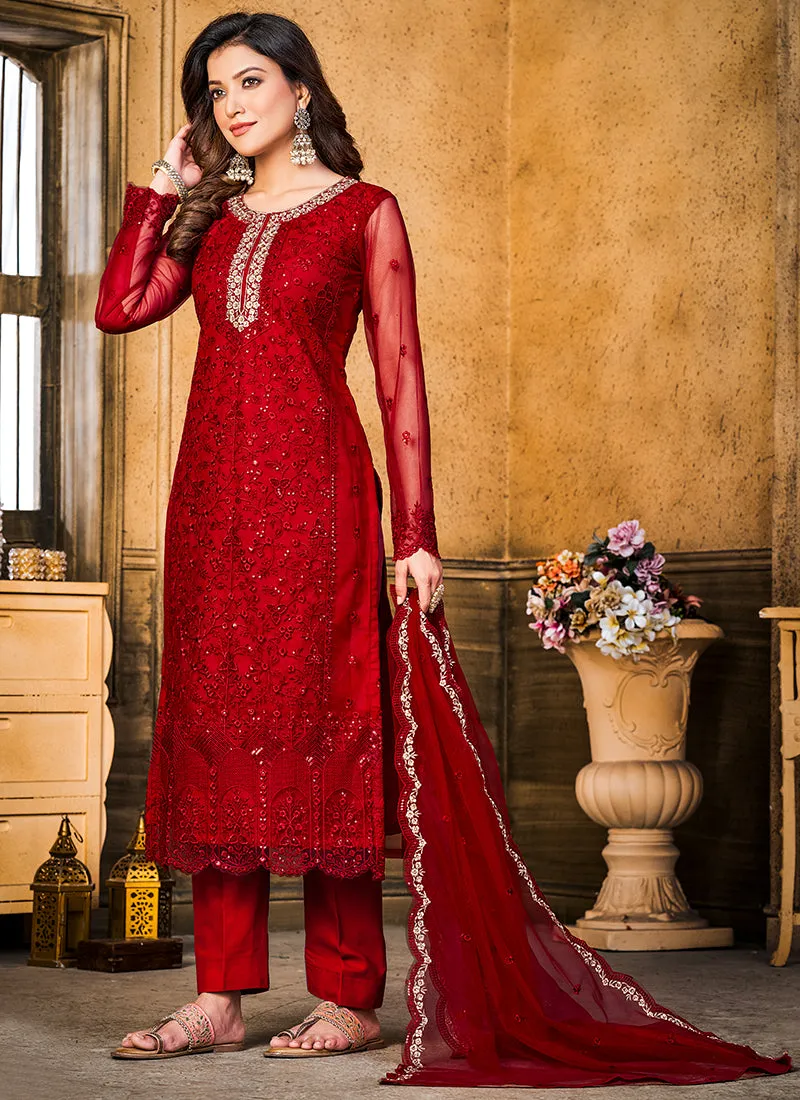 Red Resham Thread And Sequence Embroidery Pant Style Suit