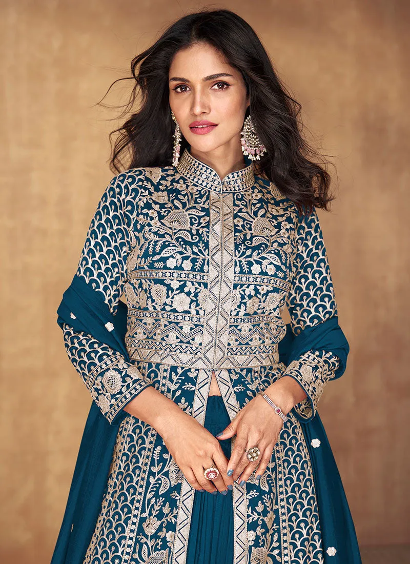 Royal Blue Thread Embroidery Slit Style Anarkali Lehenga Suit