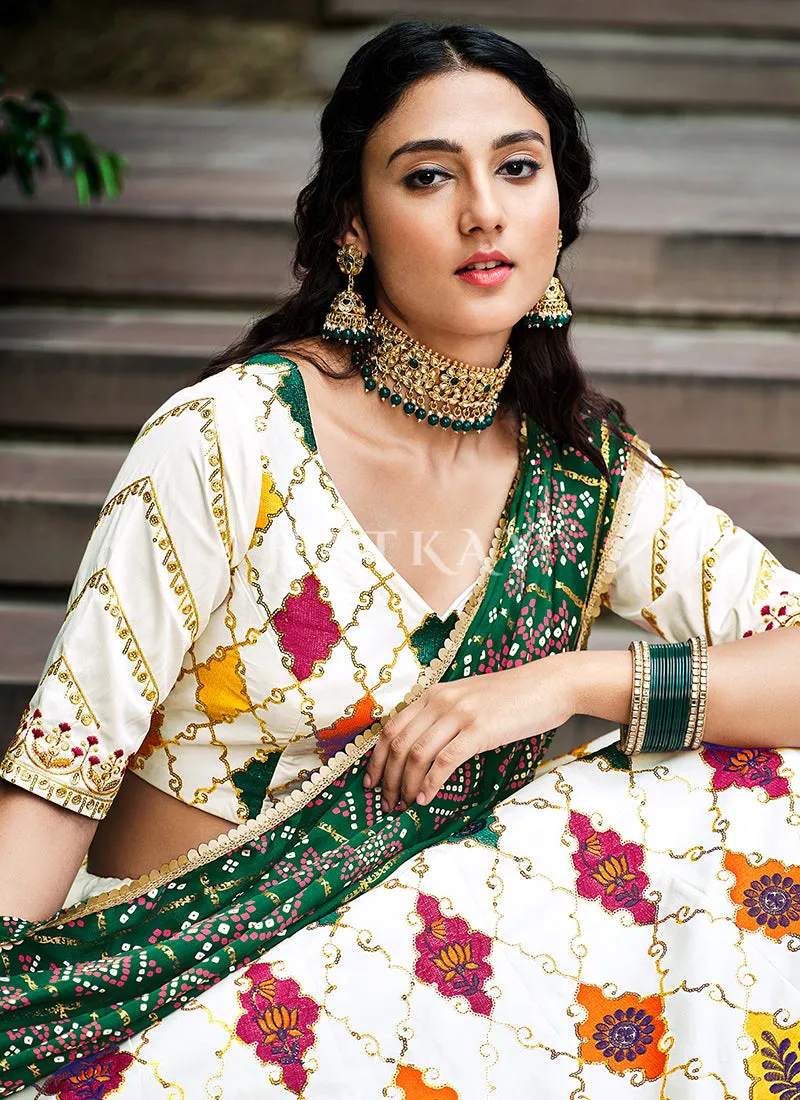 White And Green Multi Embroidery Silk Lehenga Choli
