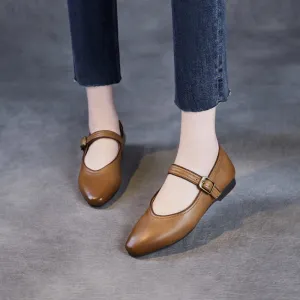 Women Retro Plain Leather Pointed Toe Soft Flats