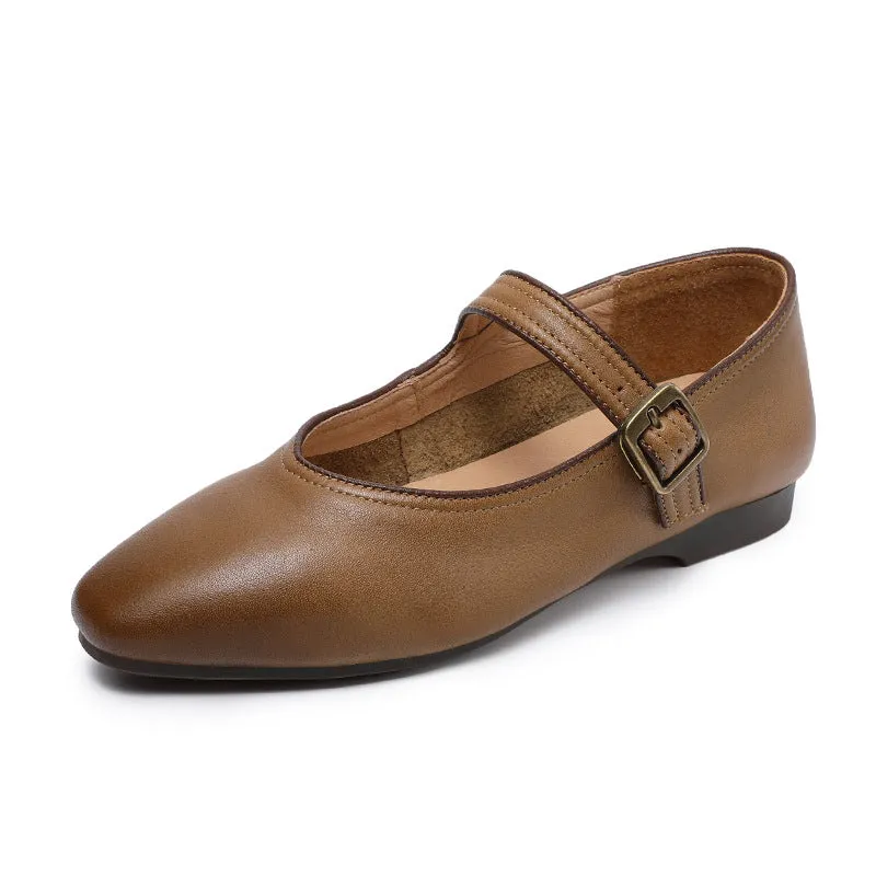 Women Retro Plain Leather Pointed Toe Soft Flats