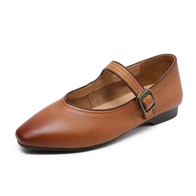 Women Retro Plain Leather Pointed Toe Soft Flats
