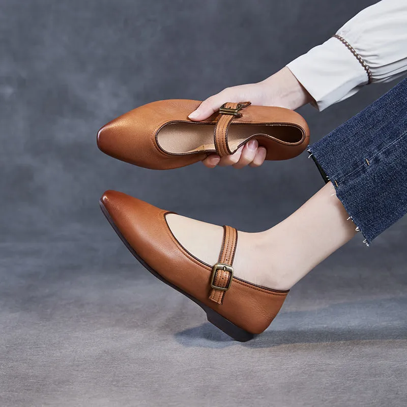 Women Retro Plain Leather Pointed Toe Soft Flats
