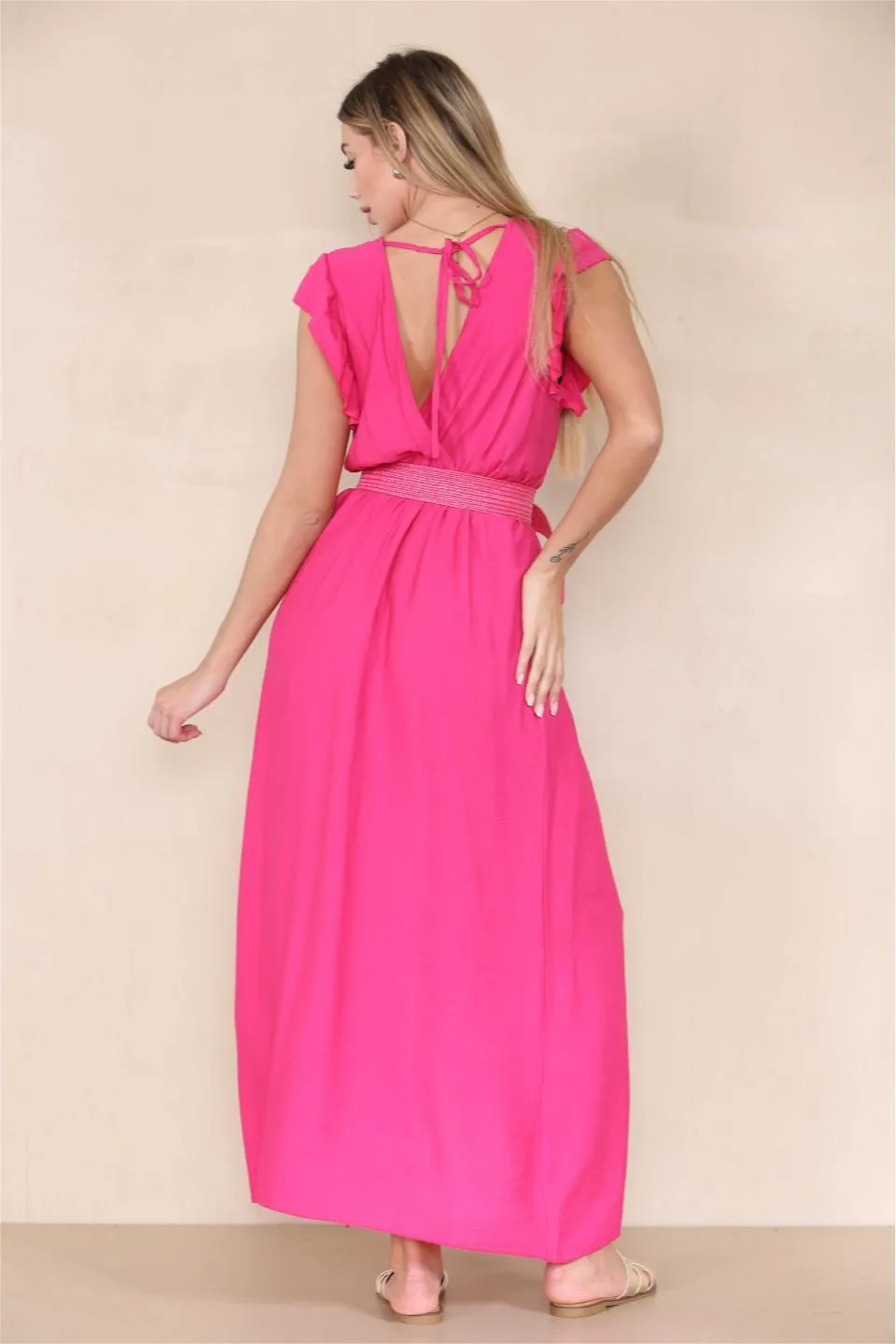 Women's Elegant Solid Color V Neck Puff Sleeve Tie-Up Slit Maxi Dress