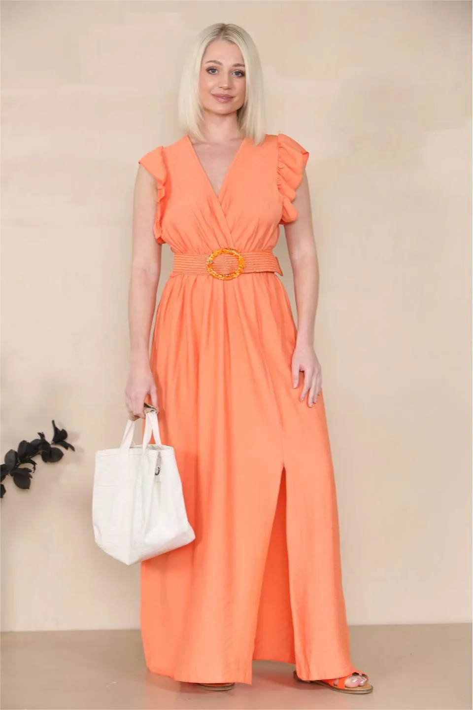 Women's Elegant Solid Color V Neck Puff Sleeve Tie-Up Slit Maxi Dress