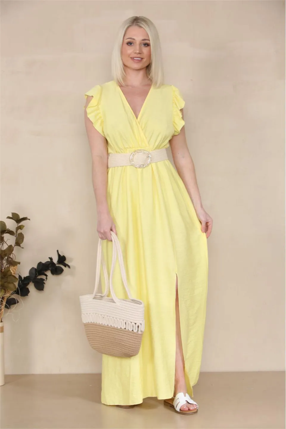 Women's Elegant Solid Color V Neck Puff Sleeve Tie-Up Slit Maxi Dress