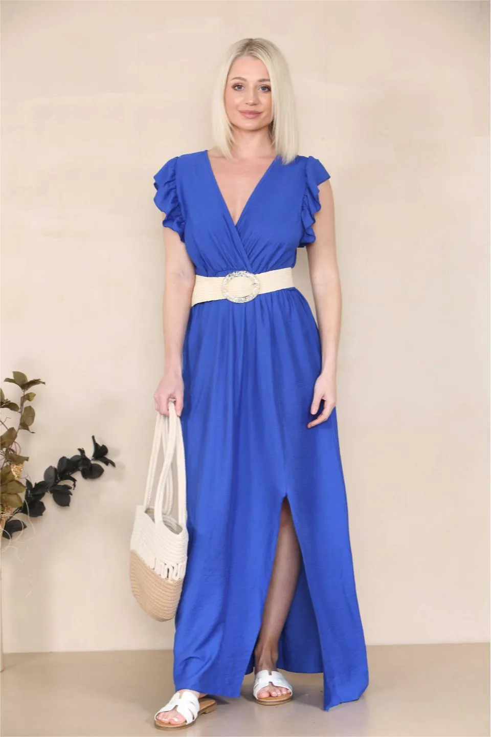 Women's Elegant Solid Color V Neck Puff Sleeve Tie-Up Slit Maxi Dress