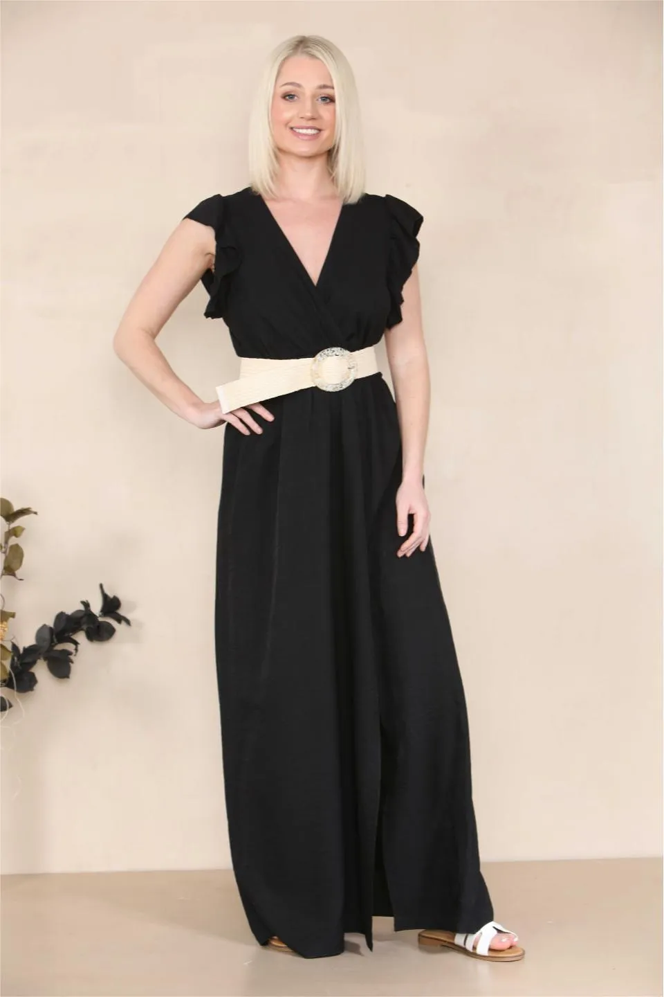 Women's Elegant Solid Color V Neck Puff Sleeve Tie-Up Slit Maxi Dress