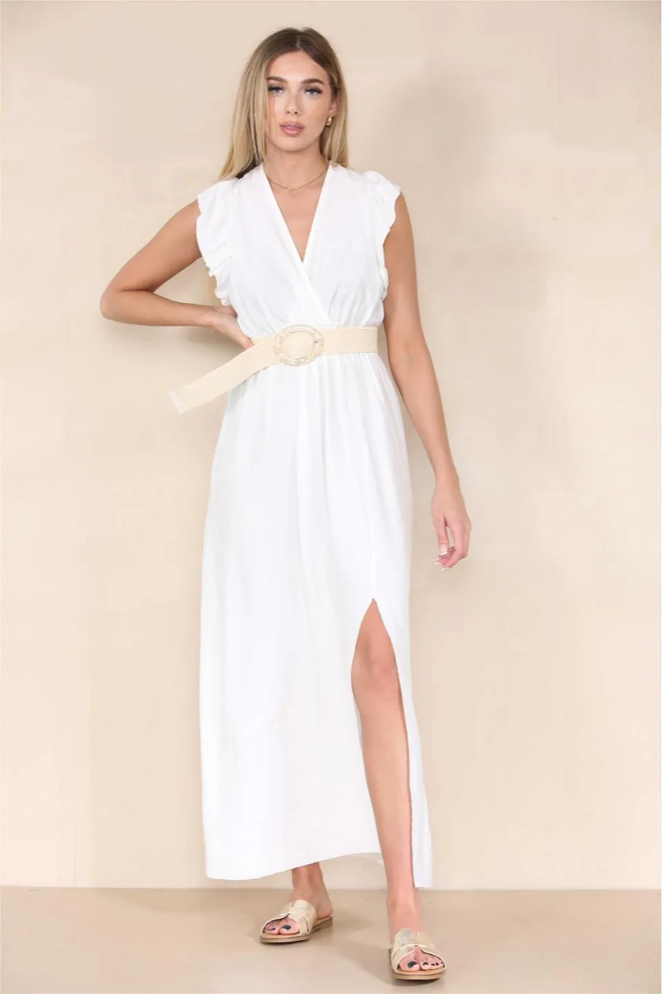 Women's Elegant Solid Color V Neck Puff Sleeve Tie-Up Slit Maxi Dress