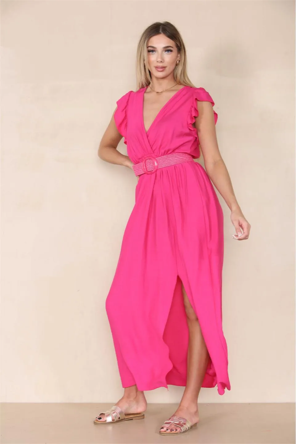Women's Elegant Solid Color V Neck Puff Sleeve Tie-Up Slit Maxi Dress