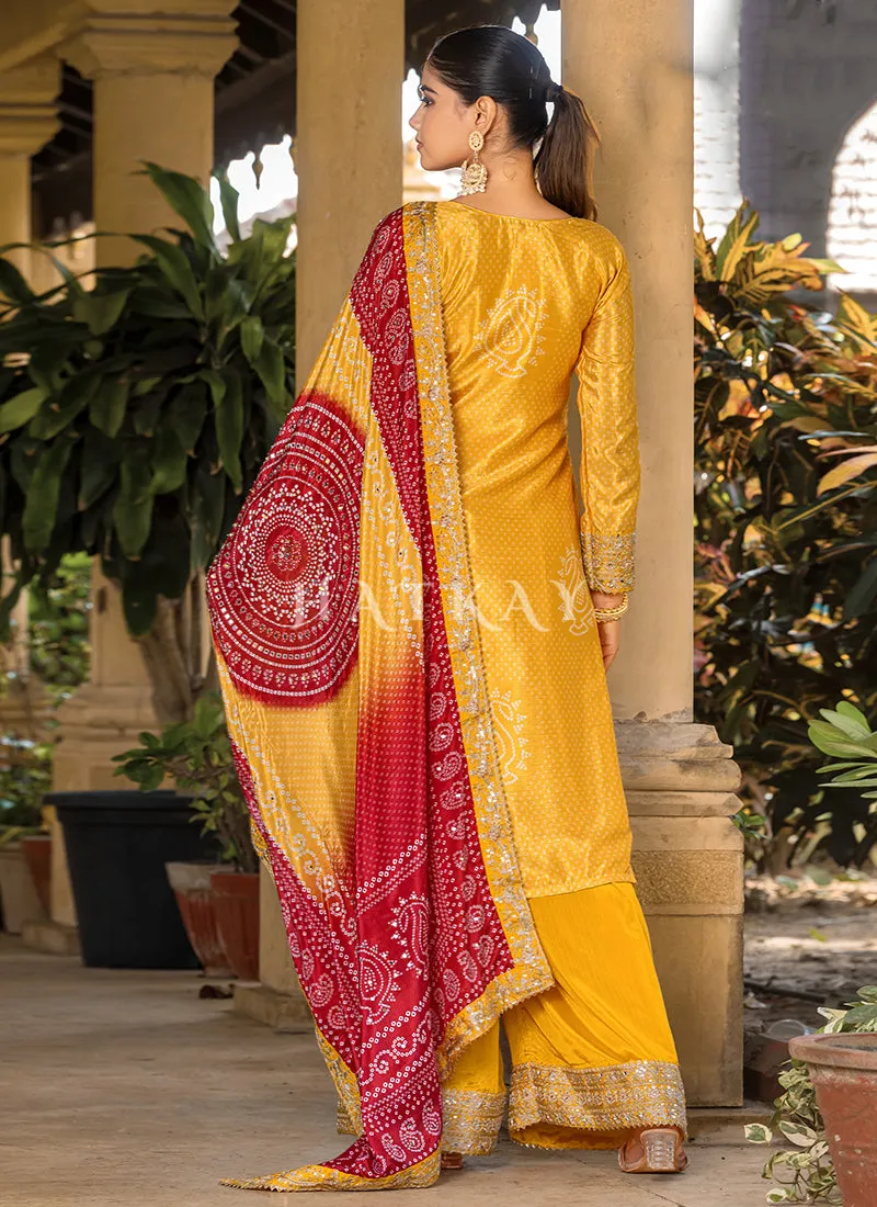 Yellow And Red Mirror Work Printed Palazzo Suit