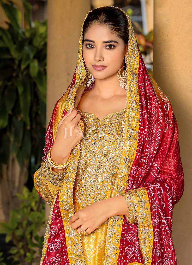 Yellow And Red Mirror Work Printed Palazzo Suit
