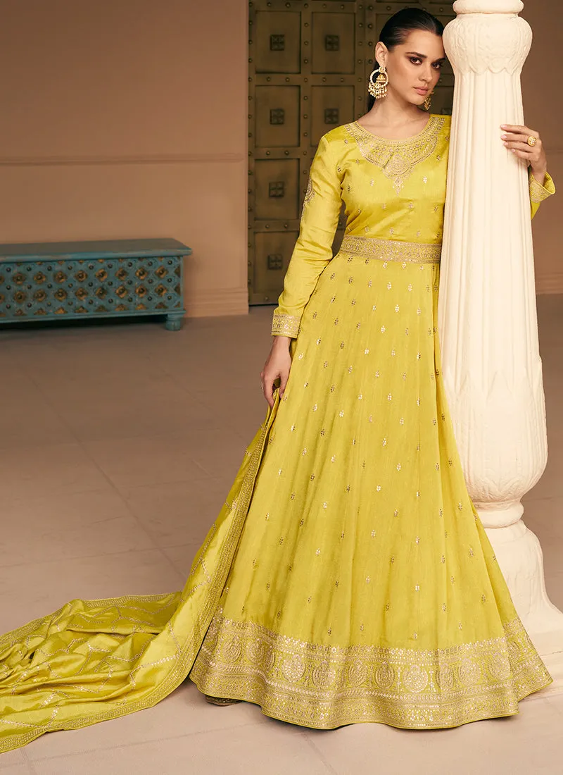 Yellow Silk Traditional Embroidery Wedding Anarkali Suit
